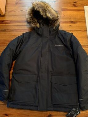Eddie Bauer Women’s 550 Down Parka Black With A Fur Hood NWT Size M